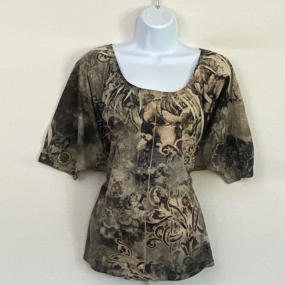 W-21 B.L.E.U. Black & Cream Floral  & Sequin Short Sleeve Blouse Size M